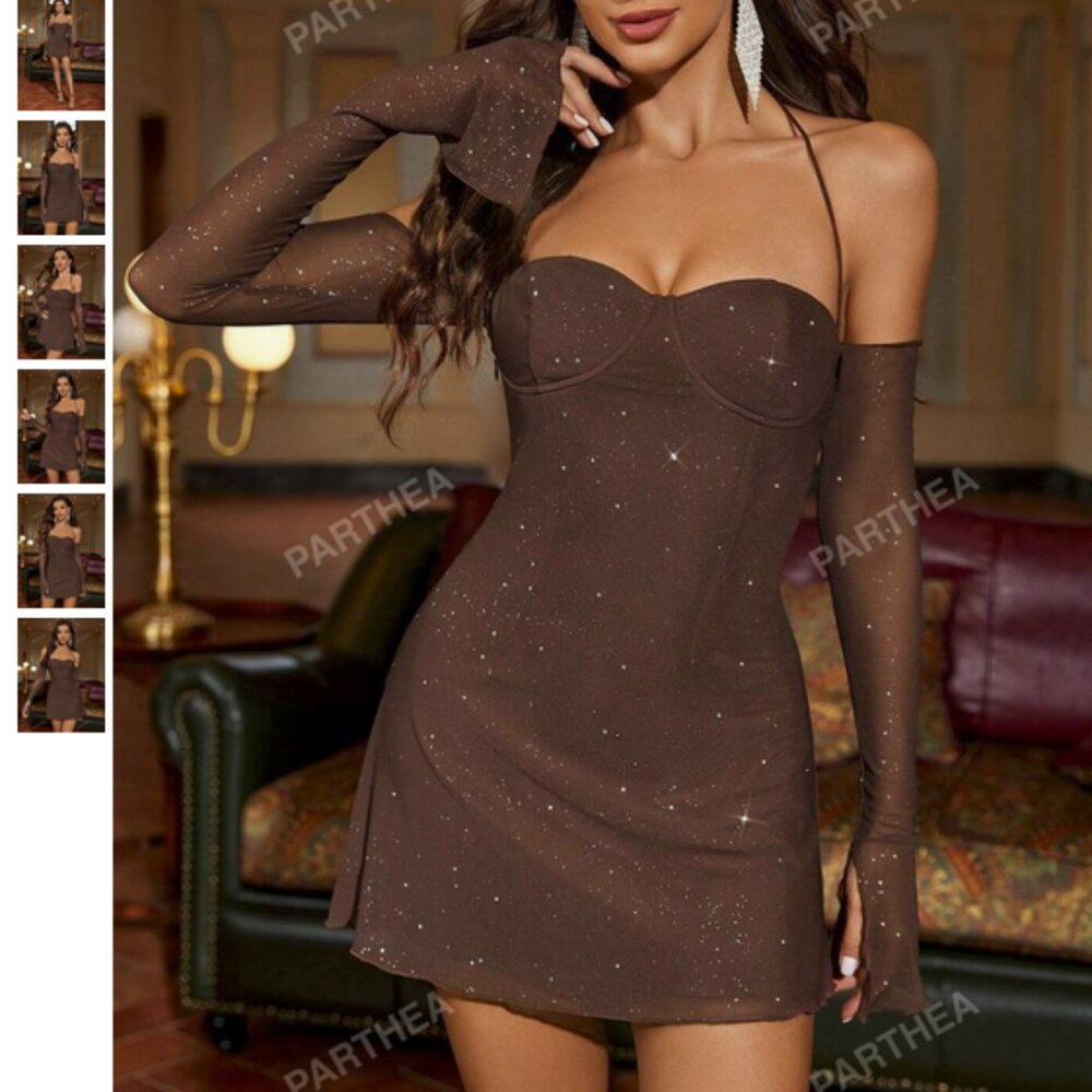 [NWT NEW WITH TAGS] Parthea Sparkly Sequin Tie Backless Bustier Sleeved Dress